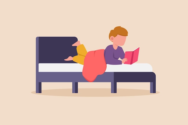 Little boy reading story book before going to bed Before sleep activity concept Colored flat graphic vector illustration isolated