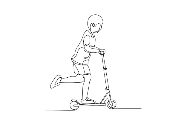 little boy riding scooter line vector illustration design