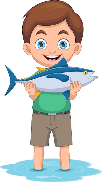 Little boy shows that he got a big fish in the river cartoon