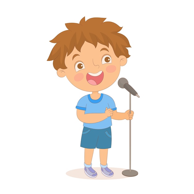 Little boy singing with microphone in his hand.