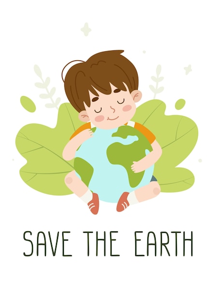 Little boy sitting and hugging the earth.