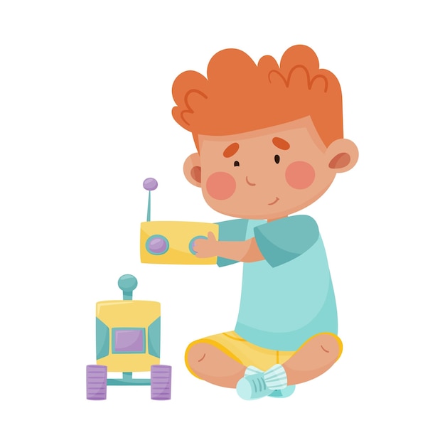 Little boy sitting and playing with rc toy vector illustration