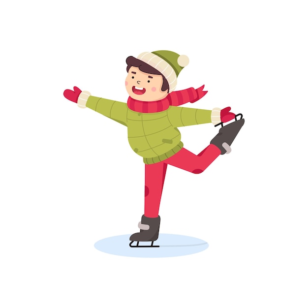 Vector little boy on a skating rink. winter holiday sport. children character.