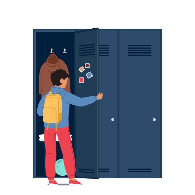 Little Boy Standing near the Locker Rear View Schoolboy Character Open Door to Change Clothes in School Sports Room