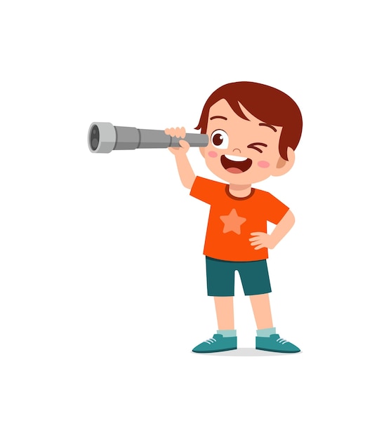 Vector little boy standing and see using telescope