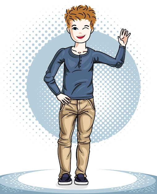 Little boy standing in stylish casual clothes. Vector human illustration. Childhood lifestyle cartoon.