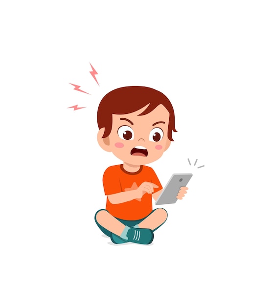 Little boy using mobile phone and angry