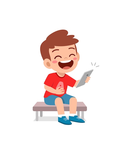 Little boy using mobile phone and laugh