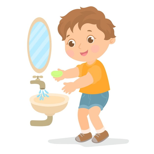 Little boy washing hand with water and soap