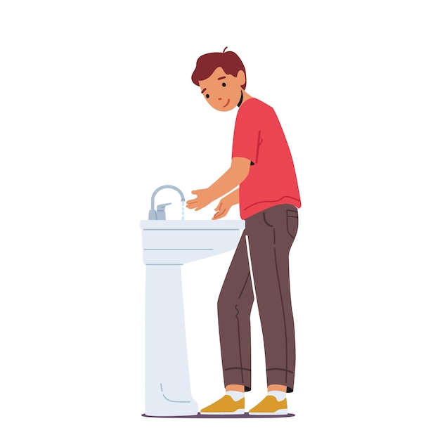 Little Boy Washing Hands in Sink Kid Preteen Male Character Daily Morning or Evening Routine Child in Bathroom