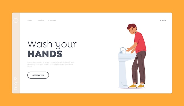 Little Boy Washing Hands in Sink Landing Page Template Kid Daily Morning or Evening Routine Child in Bathroom