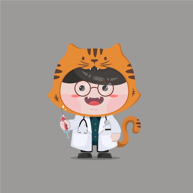 A little boy wearing doctor cat costume