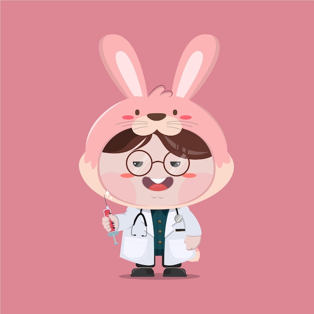 A little boy wearing doctor rabbit costume