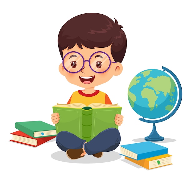 Little boy wearing glasses sitting on the floor happy reading book vector illustration