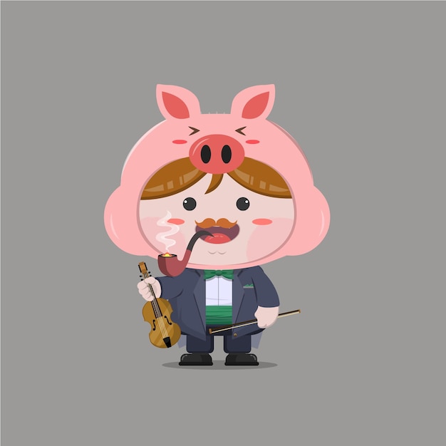 A little boy wearing musician pig costume