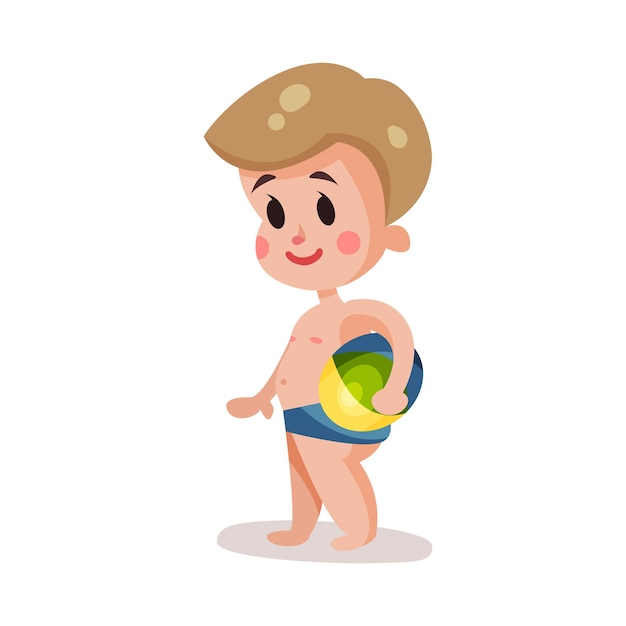 Little boy wearing shorts for swimming playing with a ball, kid having fun on the beach colorful character vector Illustration on a white background