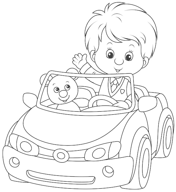 Little boy with his teddy bear in a toy car