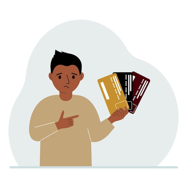 Little boy with several plastic cards The concept of teaching children financial literacy