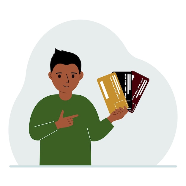 Little boy with several plastic cards The concept of teaching children financial literacy