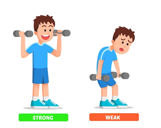 little boy with strong and weak poses while lifting dumbbells