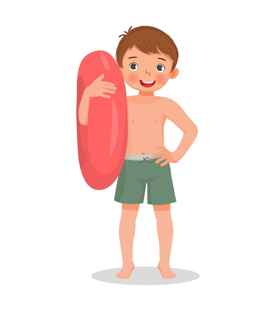 little boy with swimsuit holding inflatable ring with hand on waist having fun on summer holiday