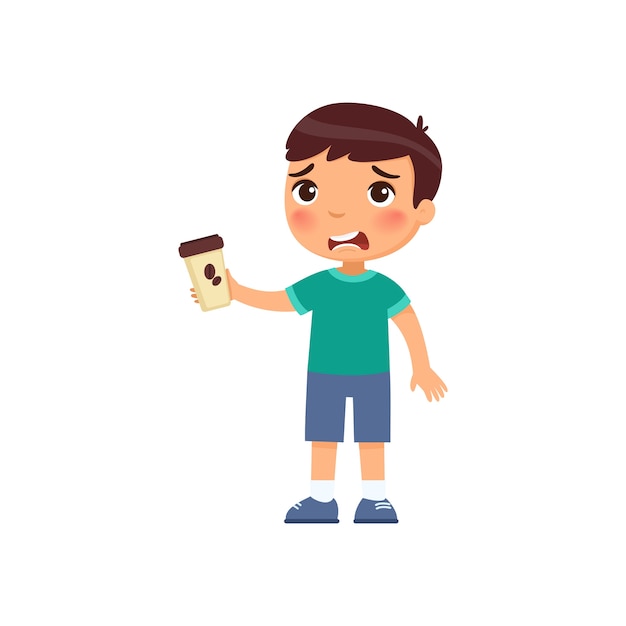 Little boy with takeaway coffee. Cute kid with hot beverage cartoon character. Unhappy child holding paper cup with bitter energy drink