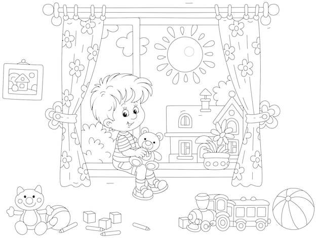 Little boy with toys in a nursery by a window with curtains and a sunny summer landscape behind him