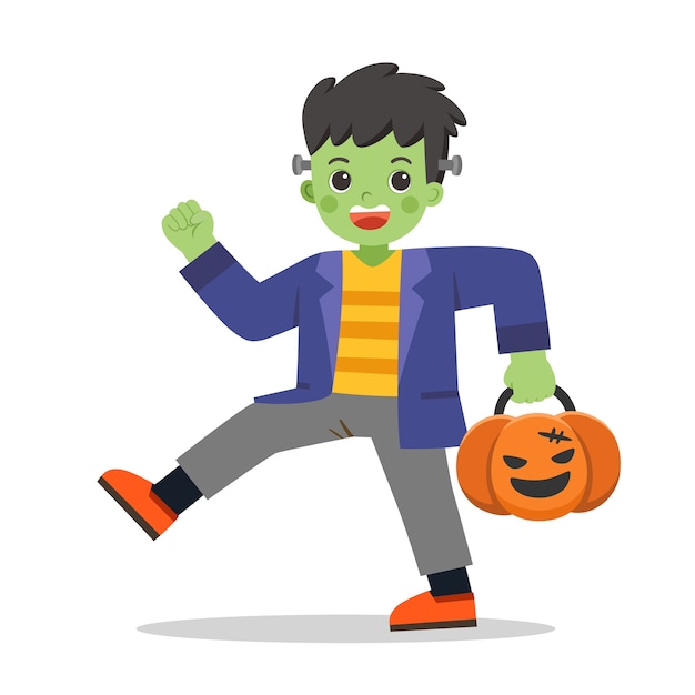 Little boy in Zombie monster costume with pumpkin basket for Trick or Treat on white background. Happy Halloween.