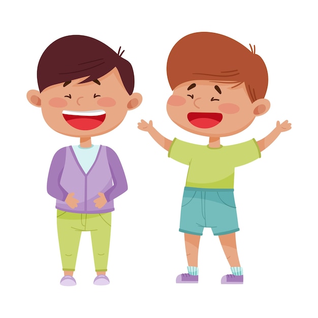 Little Boys Greeting and Cheering Each Other Vector Illustration