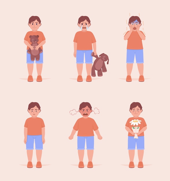 Little boys showing feelings semi flat color vector characters set