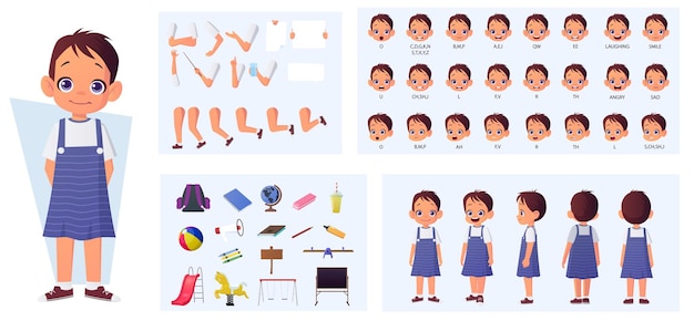 Little Cartoon Girl Character Constructor with Lip-sync, Front, Side, and Rear view, Hand Gestures and Emotions for Animation Vector Illustration