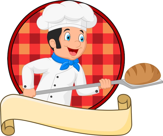 Little chef baker holding bakery peel tool with bread 