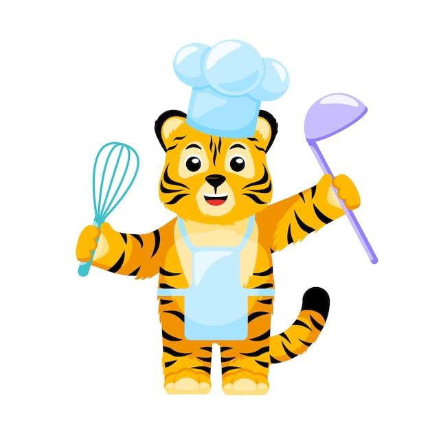 Little chef Tiger with whisk and ladle isolated Cute character cartoon striped tiger cook cap