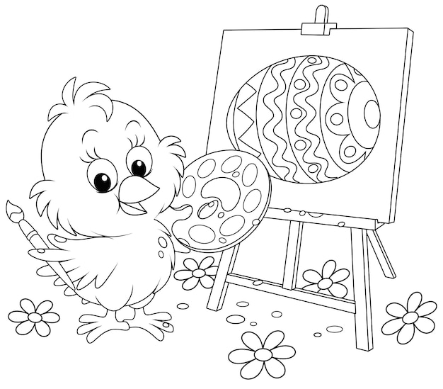 Little chick drawing a decorated Easter egg