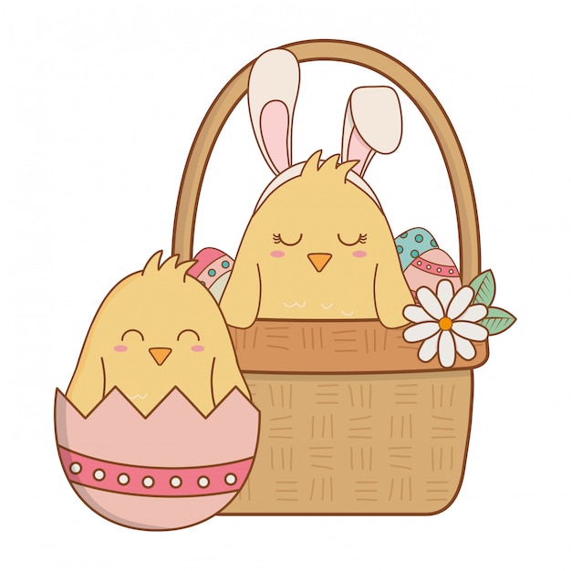 Little chicks in basket easter characters