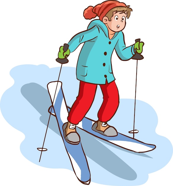 Little child skiing flat vector illustration.  winter holidays. Active outdoor pastime, sports leisu