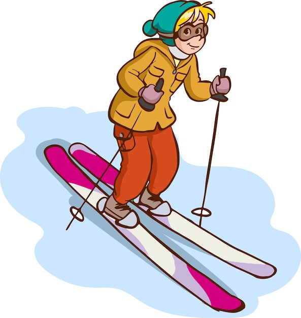 Little child skiing flat vector illustration.  winter holidays. Active outdoor pastime, sports leisu