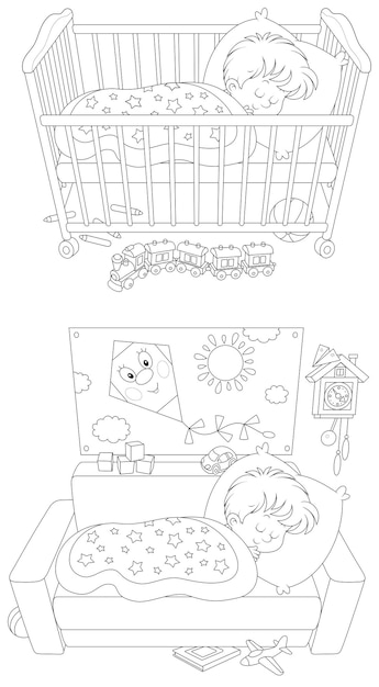 Little child sleeping in a baby bed and on a small couch in a nursery with funny toys