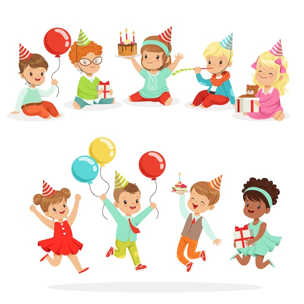 Little Children Birthday Celebration Party With Festive Attributes And Adorable Kids Set Of Characters