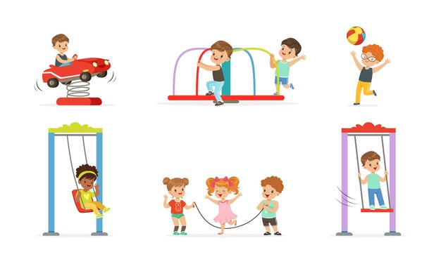 Vector little children playing and having fun at playground swinging and jumping rope vector set