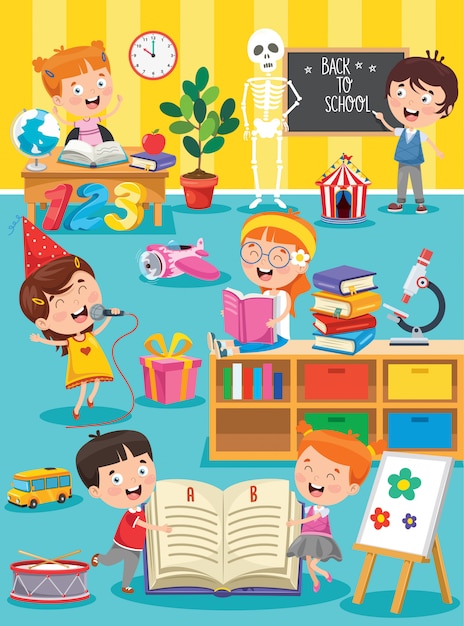 Vector little children studying and playing at preschool classroom