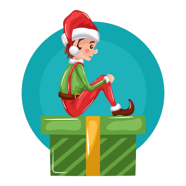 Little christmas elf sitting on a cute gift box