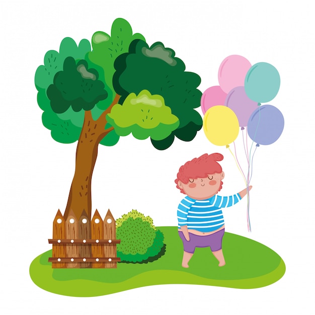 Little chubby boy with balloons helium in the landscape