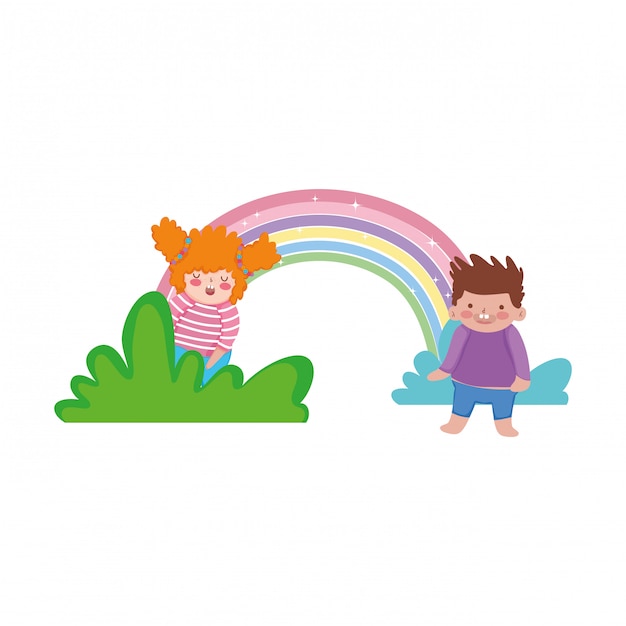 Little chubby couple with rainbow in the landscape