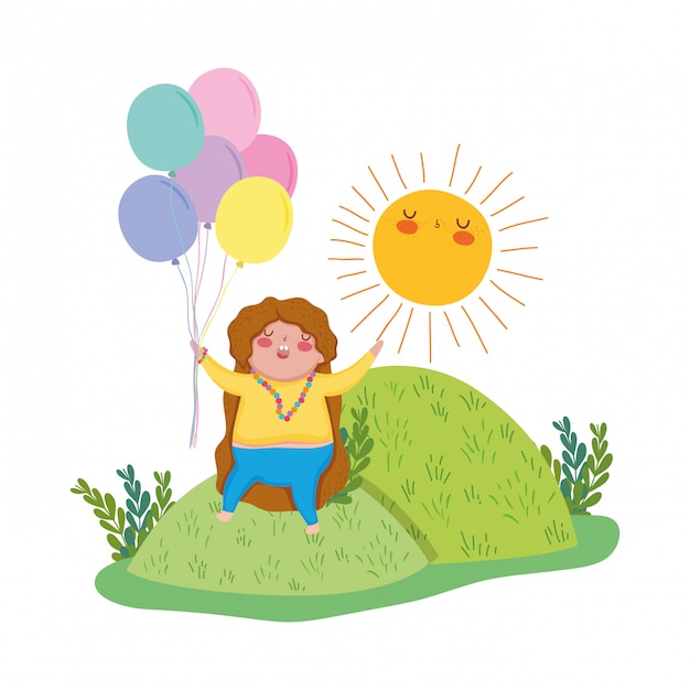 Little chubby girl with balloons air in the landscape