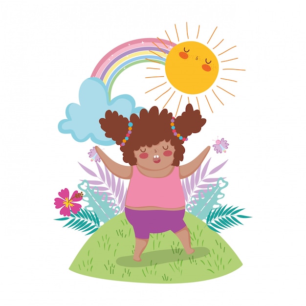 Little chubby girl with rainbow in the landscape