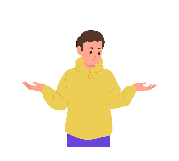 Vector little confused school boy child cartoon character standing with arms in making decision gesture