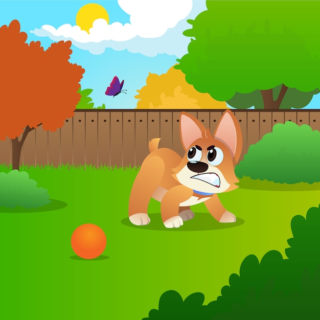 Little corgi dog growling at flying butterfly.