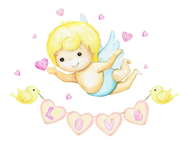 Little cupid, garland of hearts, clouds, birds.