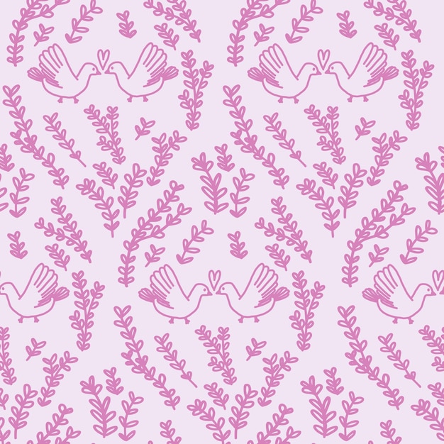 Little cute birds white pigeons kissing with branches doodle. Pink pattern for wedding, paper, baby.